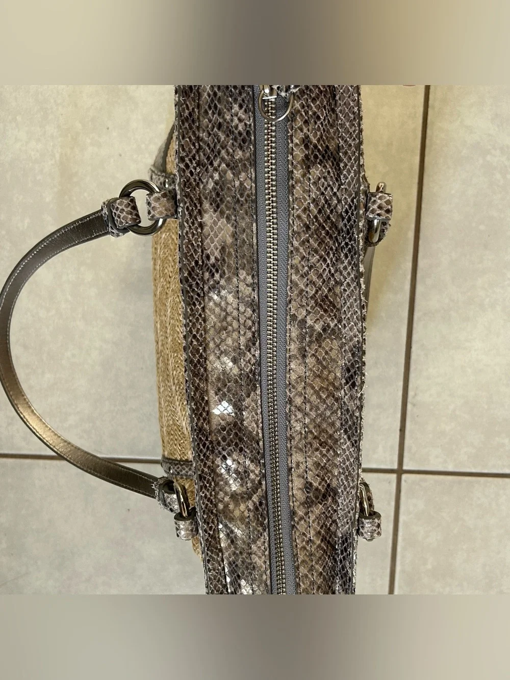 COACH EUC Alexandra straw tote with python leather trim